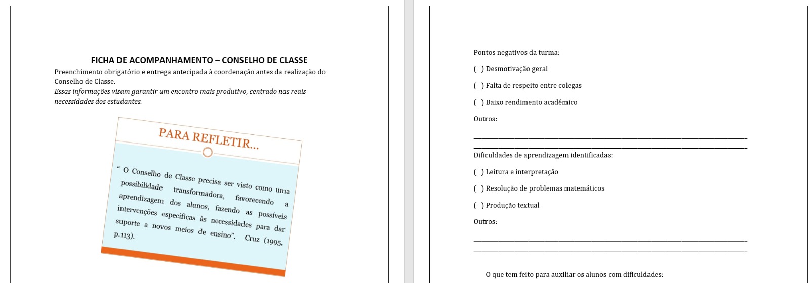 Ficha de Acompanhamento – Conselho de Classe (Editável em Word)